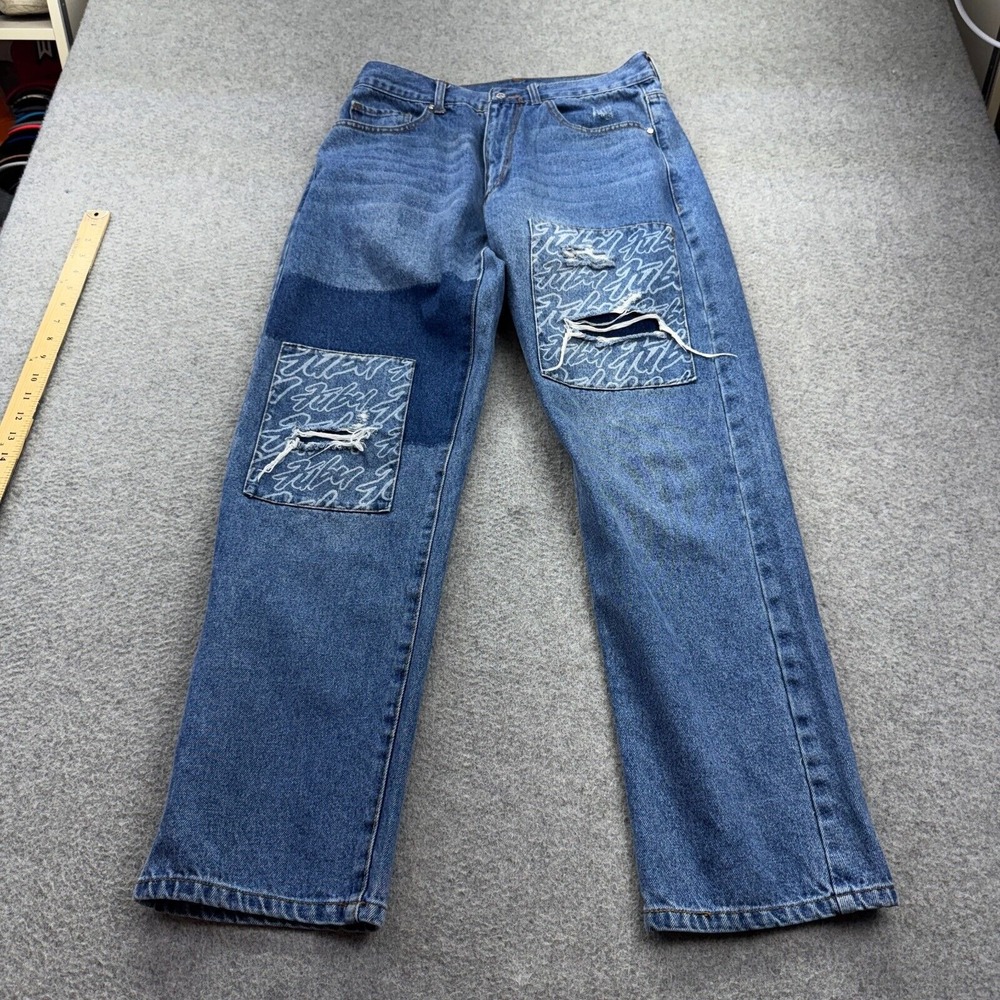 FUBU Forever 21 Patch Jeans 30x29 Blue Denim Distressed Logo Y2K Hip Hop VTG